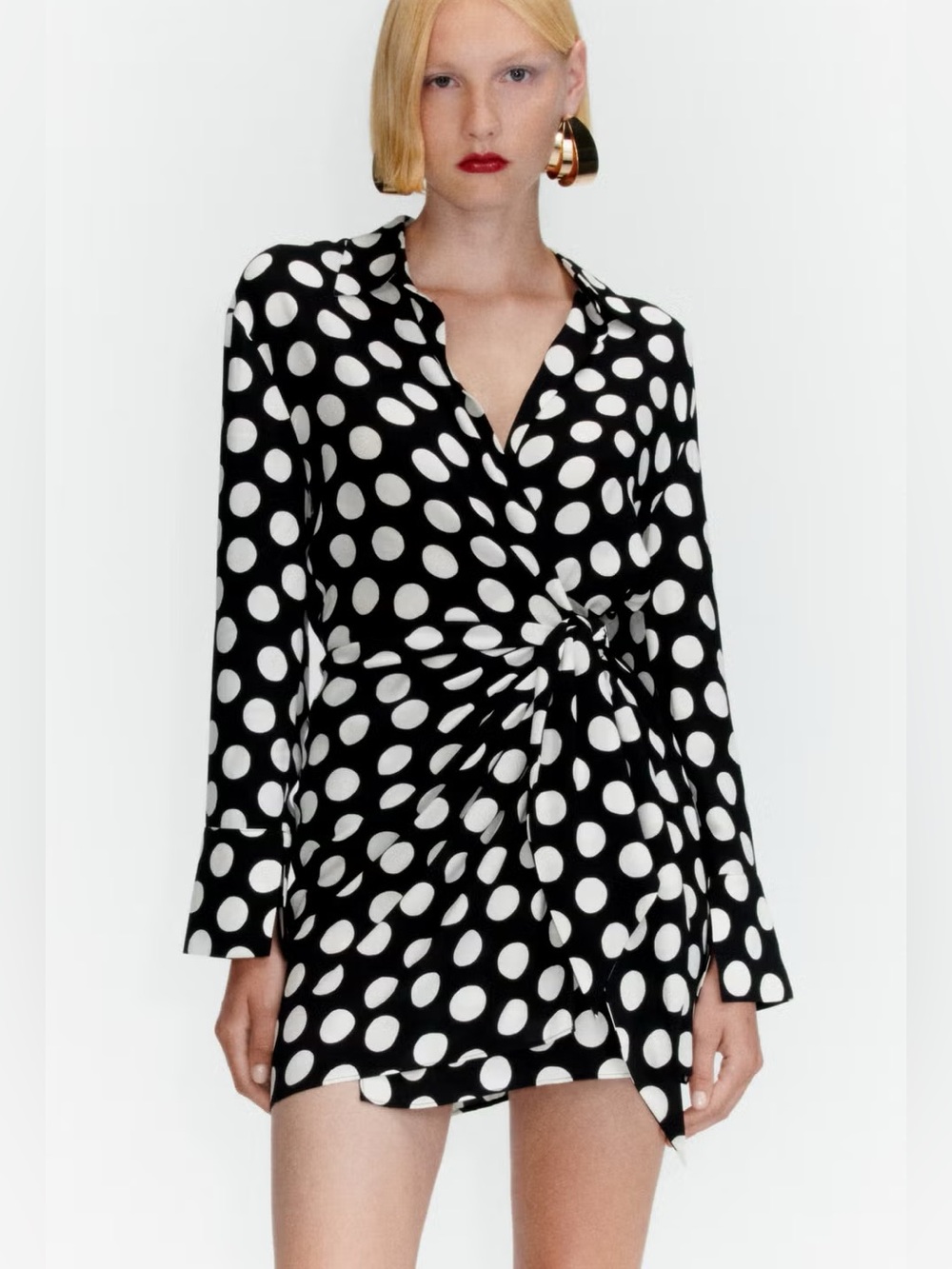 ZARA BLOGGER FAVE Black & White Polka Dot Long Sleeve Wrap Style Mini Dress